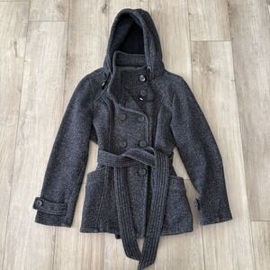 Sebby Women's Small Gray Jacket With Hood Double Breasted Button Up Pockets Belt